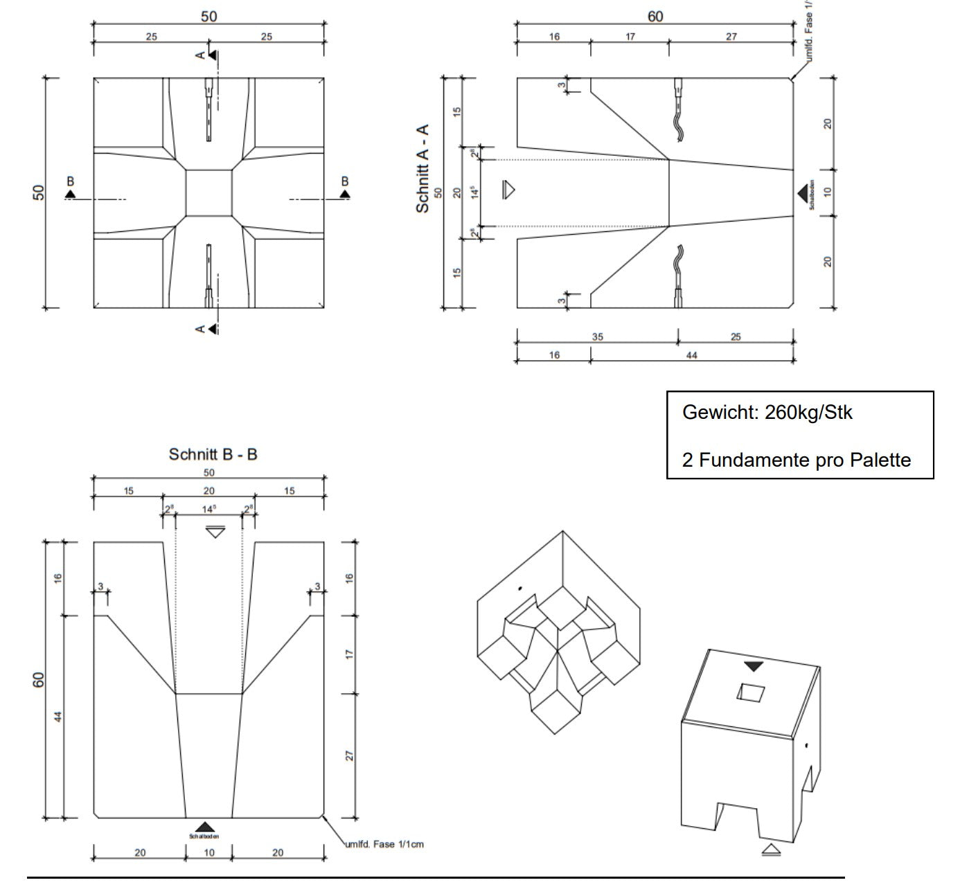 Universal Fertigfundament für Ladesäulen mit Schwerlastankern 600x500x500 mm
